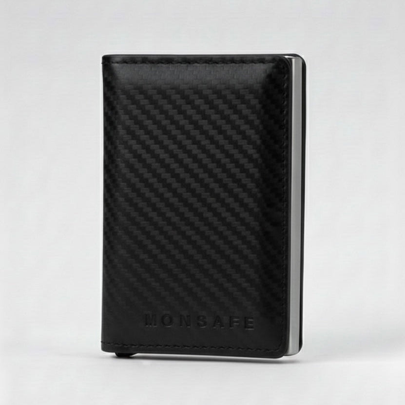 MONSAFE Wallet Pop-Up Carbono | Protección RFID · Piel Sintética Premium