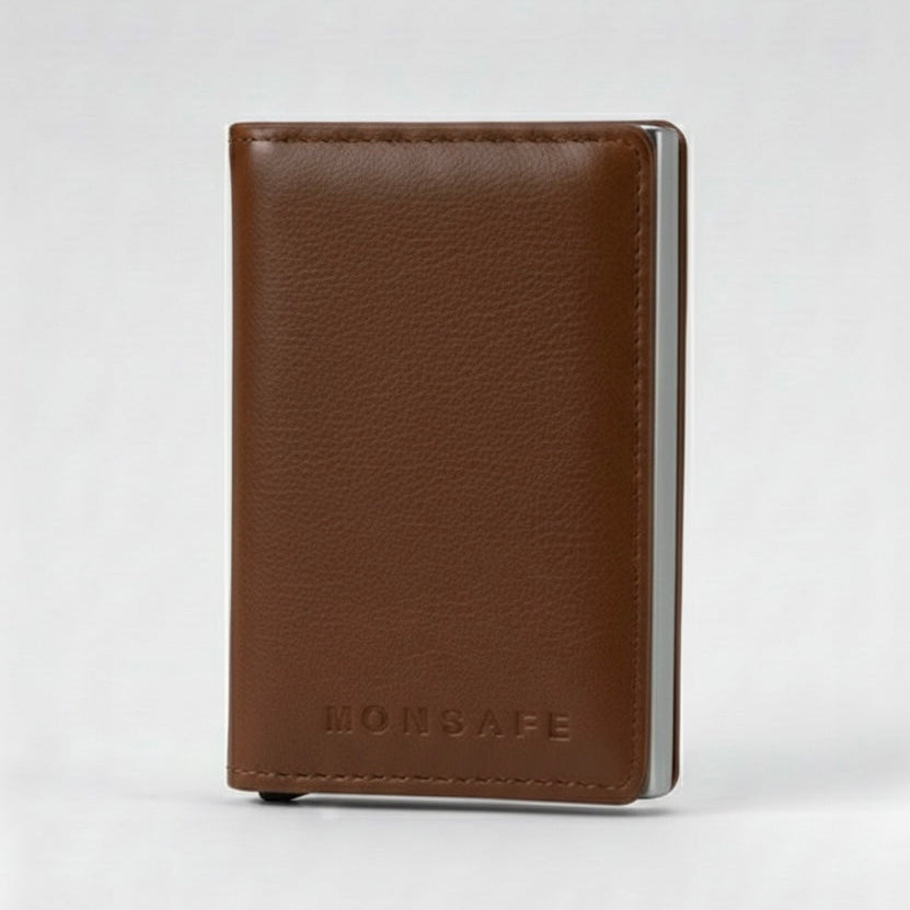 MONSAFE Wallet Pop-Up Whisky | Protección RFID · Piel Sintética Premium