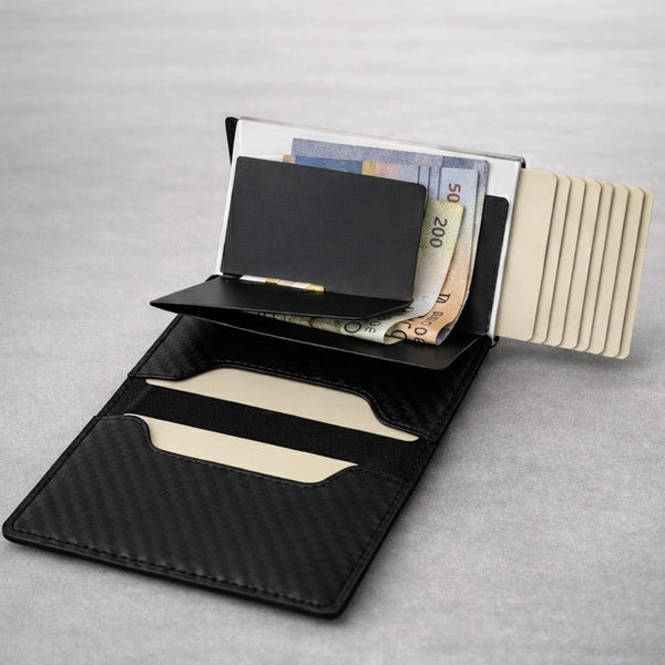MONSAFE Wallet Pop-Up Carbono | Protección RFID · Piel Sintética Premium